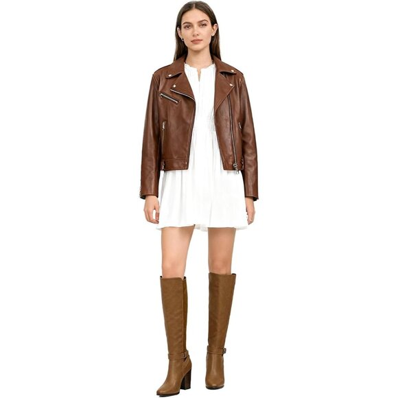 Women's Heeled Brown Knee High Boots Zip Up Chunky Heel Tall Boots for Womens - Picture 7 of 8